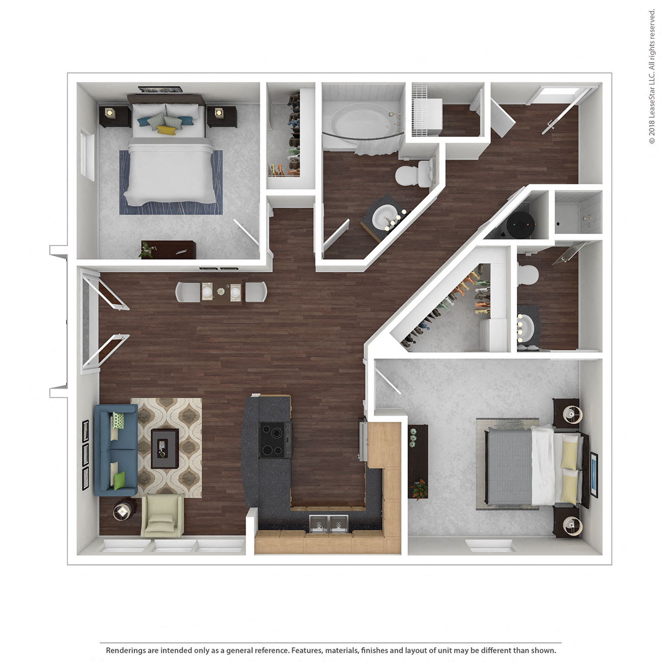 Floor plan for 2 beds, 2 baths, 928 sqft